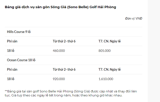 Bảng giá chơi golf tại sân golf Sông Giá